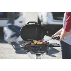 Coleman RoadTrip® 225 Portable Stand-Up Propane Grill 15 Coleman RoadTrip® 225 Portable Stand-Up Propane Grill -Campout Gear Shop 2000033048 coleman grill 225 su black close up of food on grate in use